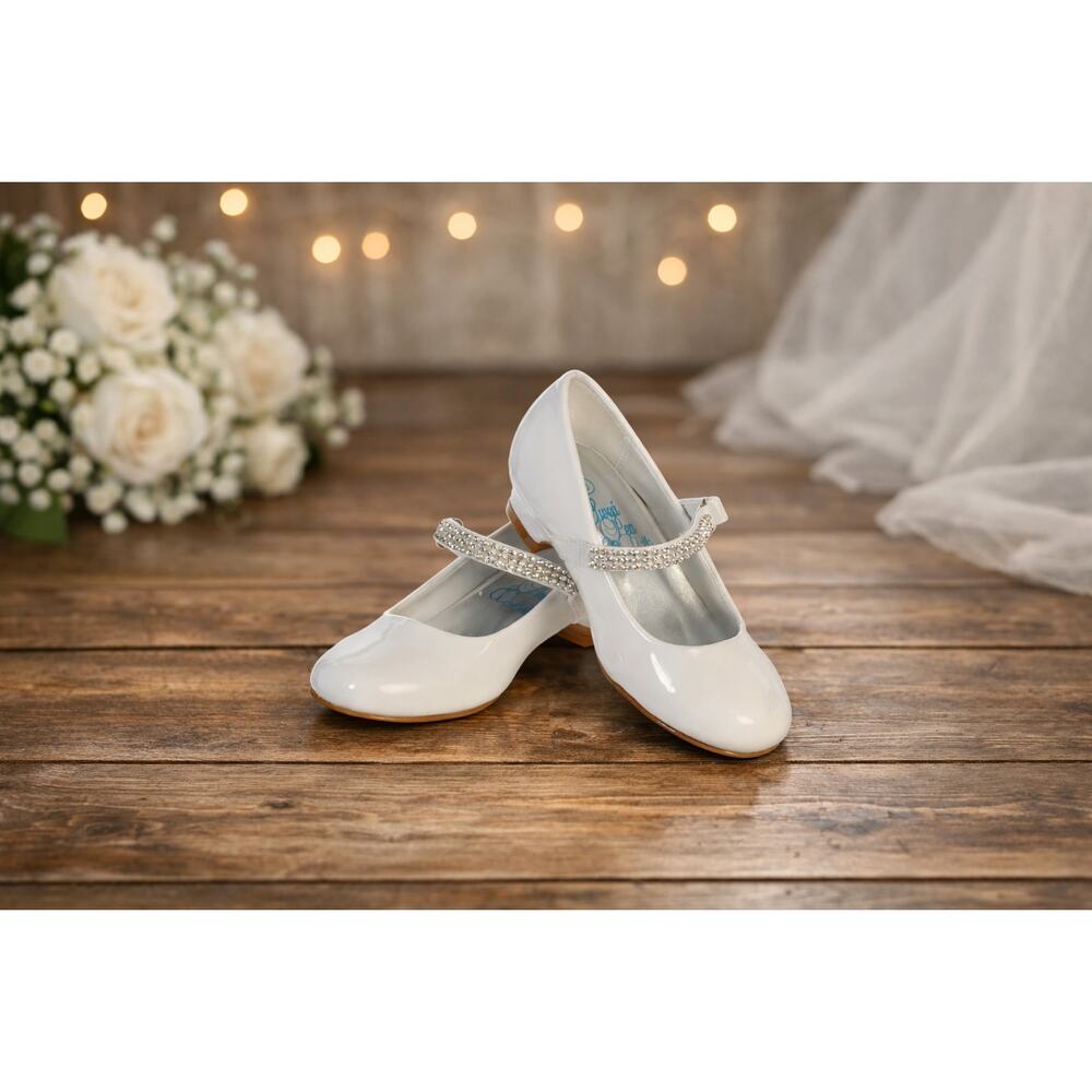 NEW Girl's Communion Dress Shoe - White/Patent 1" Heel Rhinestone Strap-Size 3